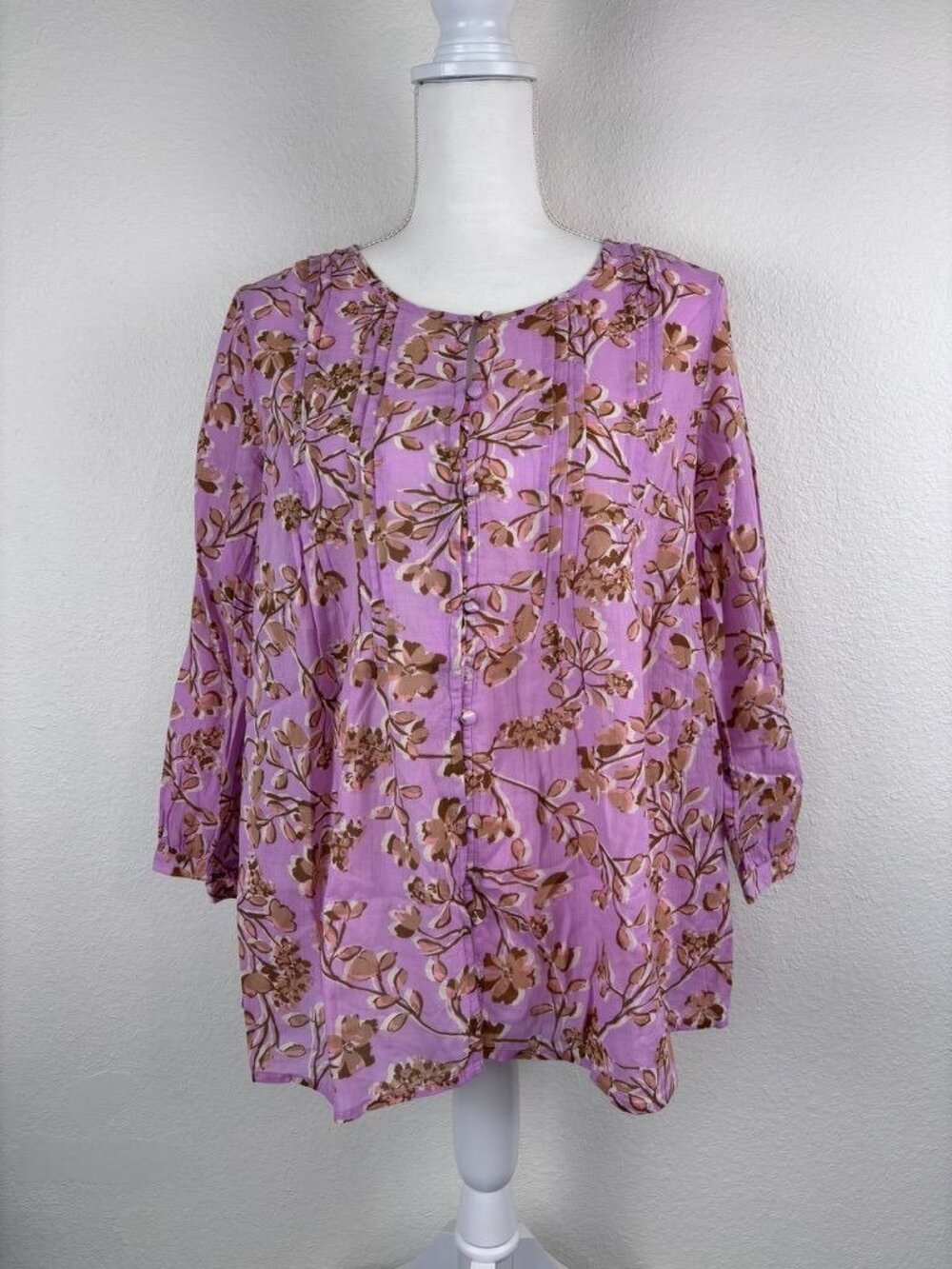 J. Jill small purple floral 100% cotton 3/4 sleeve button down top cottagcore